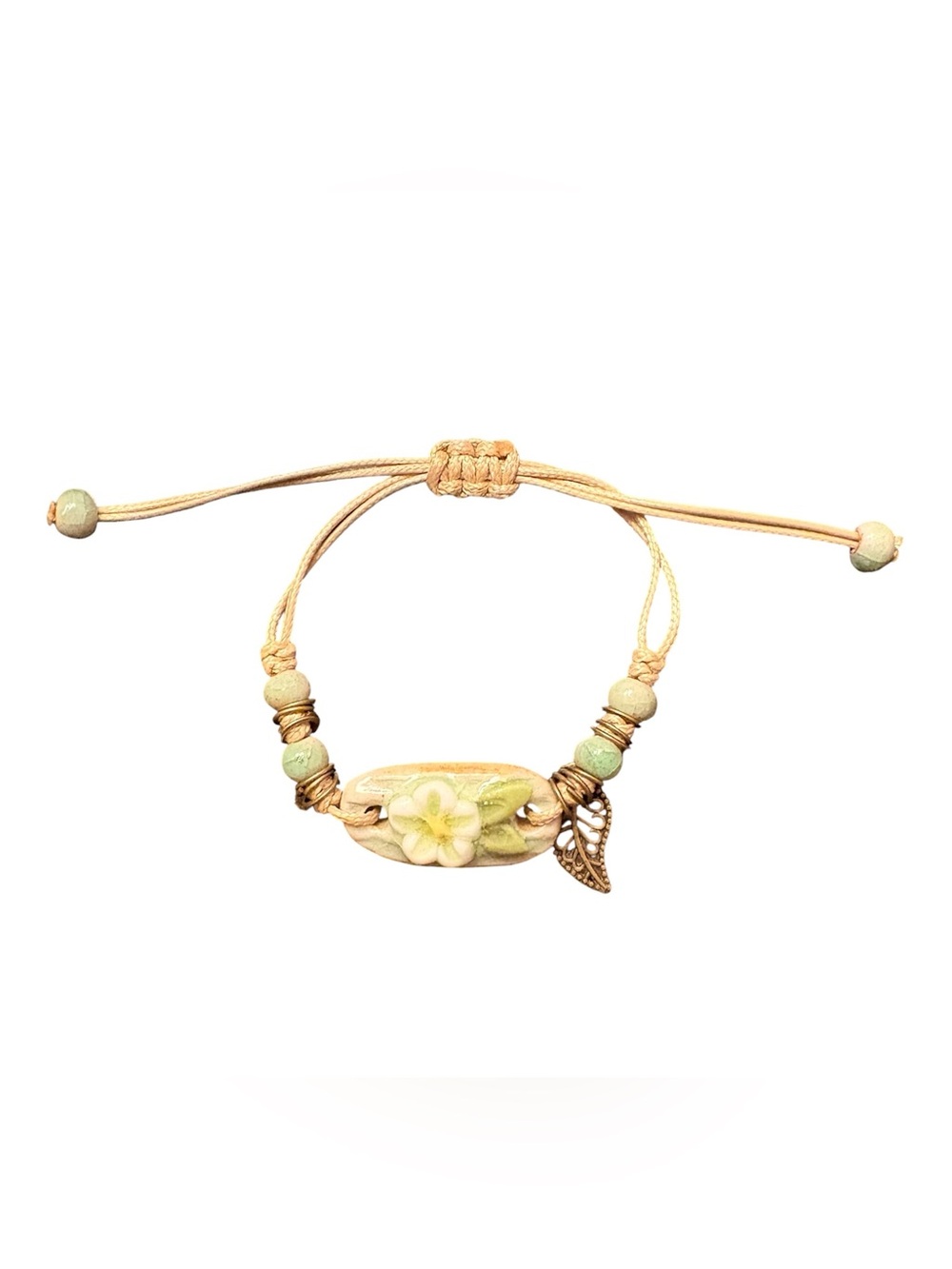 Boho Handmade Ceramic Flower Cord Bracelet Leaf Charm NWOT